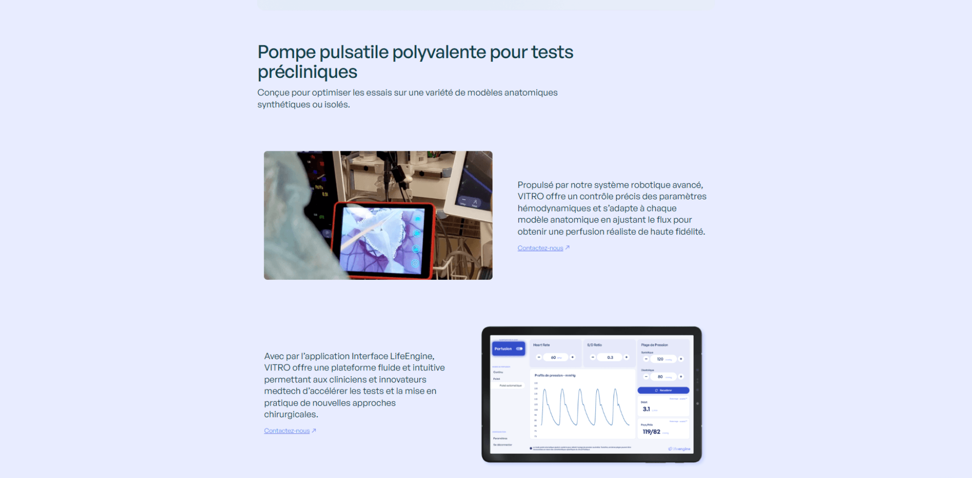 Capture d'écran du site web de LifeEngine présentant une description des techniques utilisées de Pompe pulsatile polyvalente pour tests précliniques